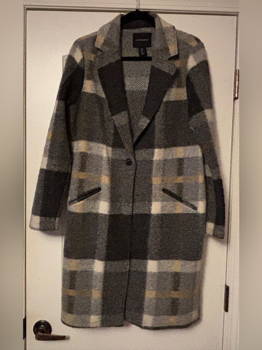 Cynthia Rowley Gray & White Plaid Pea Coat M